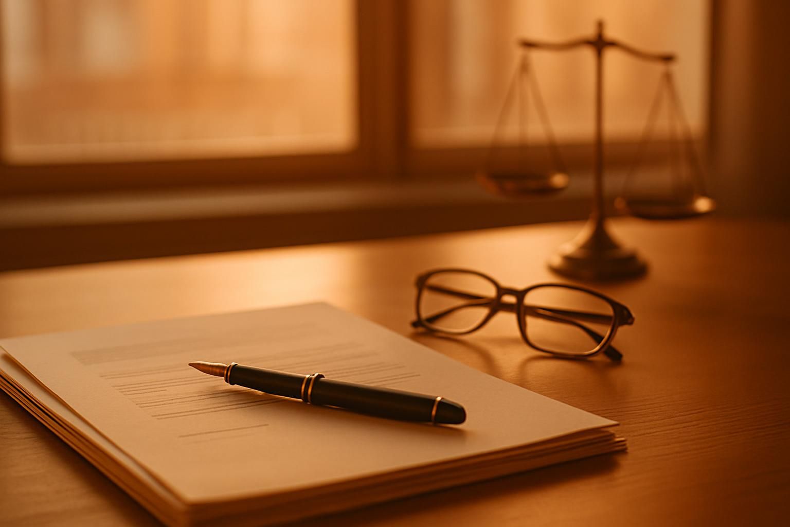 Massachusetts alimony concept: legal documents, fountain pen, reading glasses, and brass balance scales on an attorney's desk in warm light